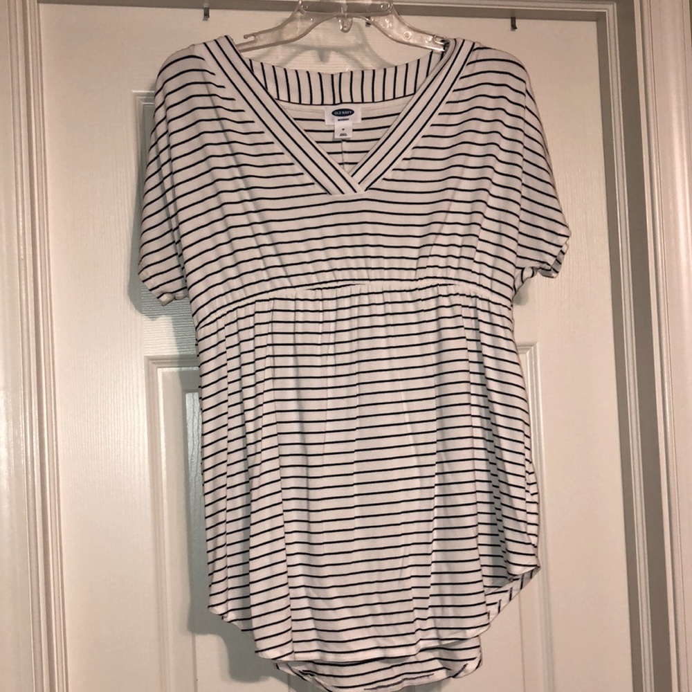 Old Navy White and Black Striped V-Neck Maternity/Empire Waist Top